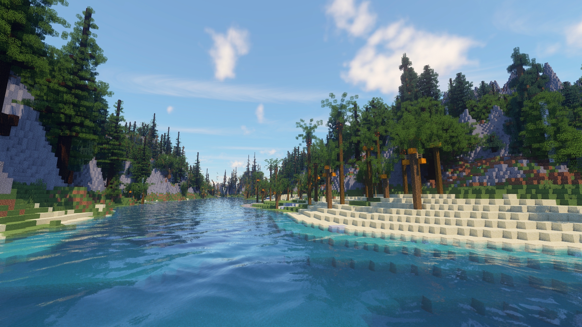 Minecraft world vulcano island beach river sunny palm trees shader screenshot title image