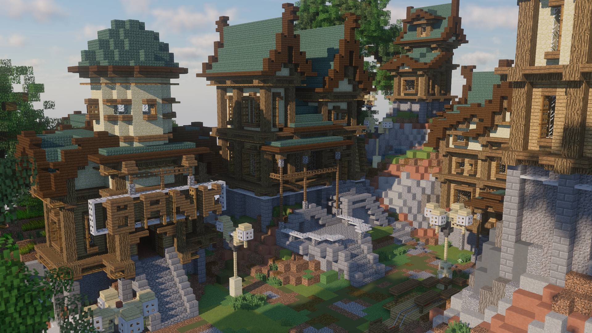 Minecraft Medieval Mountain Spawn bank village shader title image screenshot