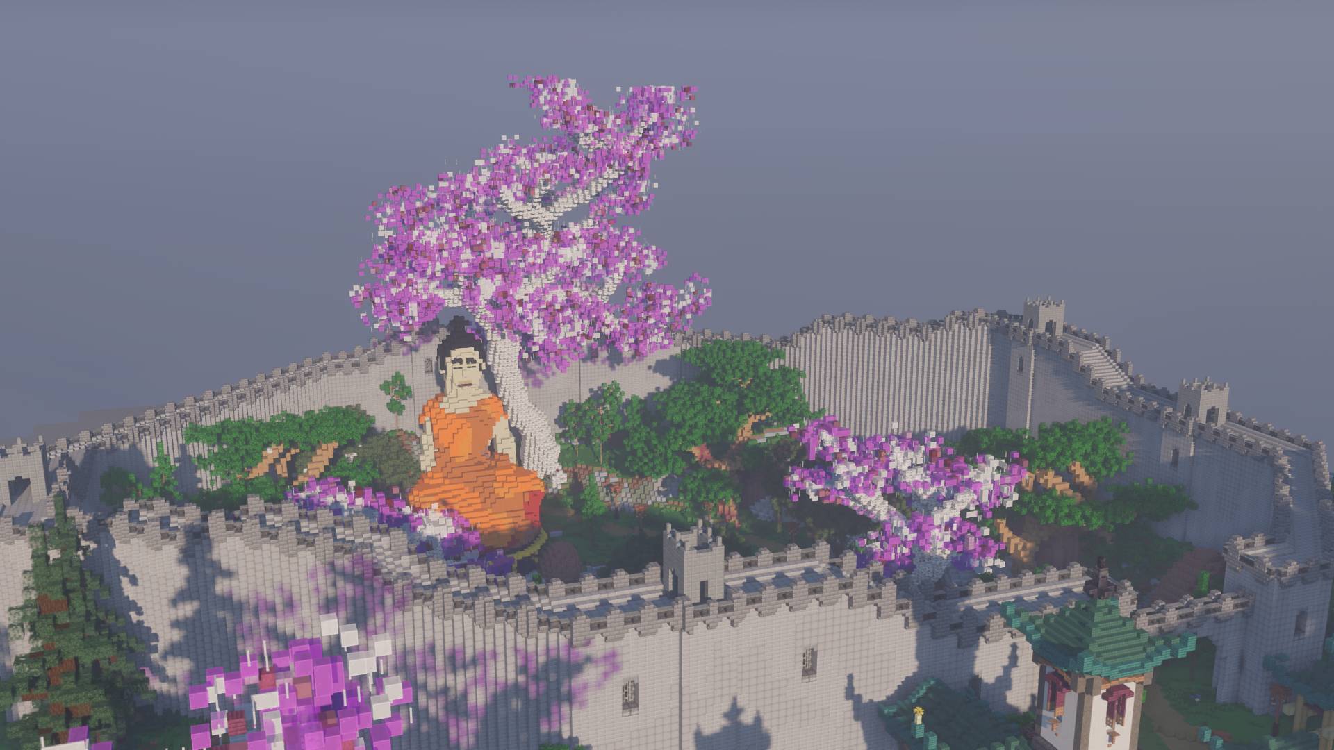 Minecraft asian plaza buddha meditating chinese wall cherry blossom tree bonsai shader screenshot title image