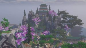 Minecraft ancient asian oriental plaza temple cherry blossom valley mountain range far distant view screenshot title image