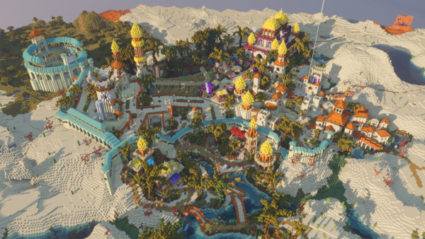 Minecraft world merchant oasis desert temple trade market place surrounded by palms golden roofs at sunset from lions statue pov raytracing shader screenshot preview image