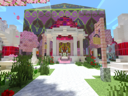 Minecraft Valentines world 2024 with pavillon, cherry blossom trees and spawn prism in the background