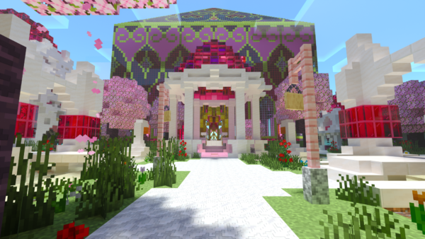Minecraft Valentines world 2024 with pavillon, cherry blossom trees and spawn prism in the background