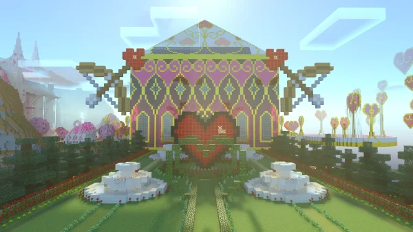 Minecraft Valentines world pink pavillon cherry blossom biome quartz golden love hearts garden park spawn prism in background raytracing shader preview screenshot image