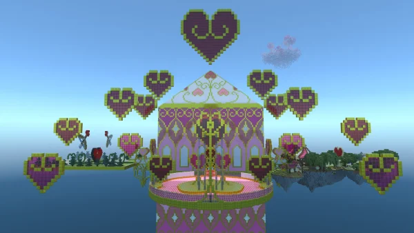 Minecraft Valentines world pink pavillon cherry blossom biome quartz golden love hearts garden park spawn prism in background raytracing shader preview screenshot image