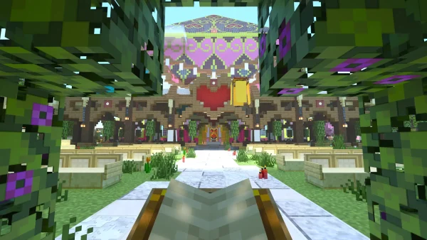 Minecraft Valentines world pink pavillon cherry blossom biome quartz golden love hearts garden park spawn prism in background raytracing shader preview screenshot image